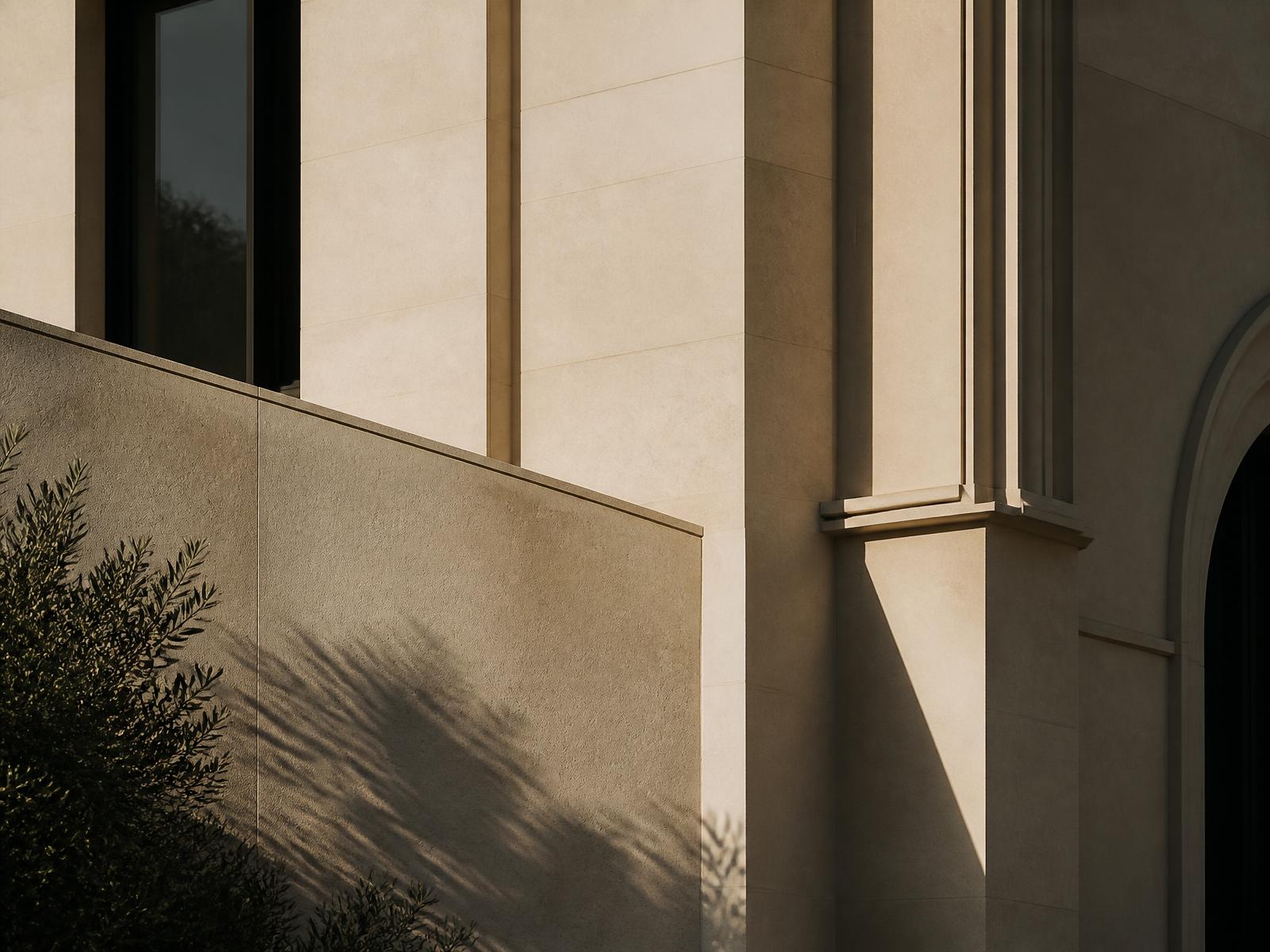Minimal warm stone architectural facade with soft shadow lines